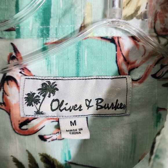 Oliver & Burke Palm tree and flamingo print button front Hawaiian shirt men sz M - Picture 2 of 11